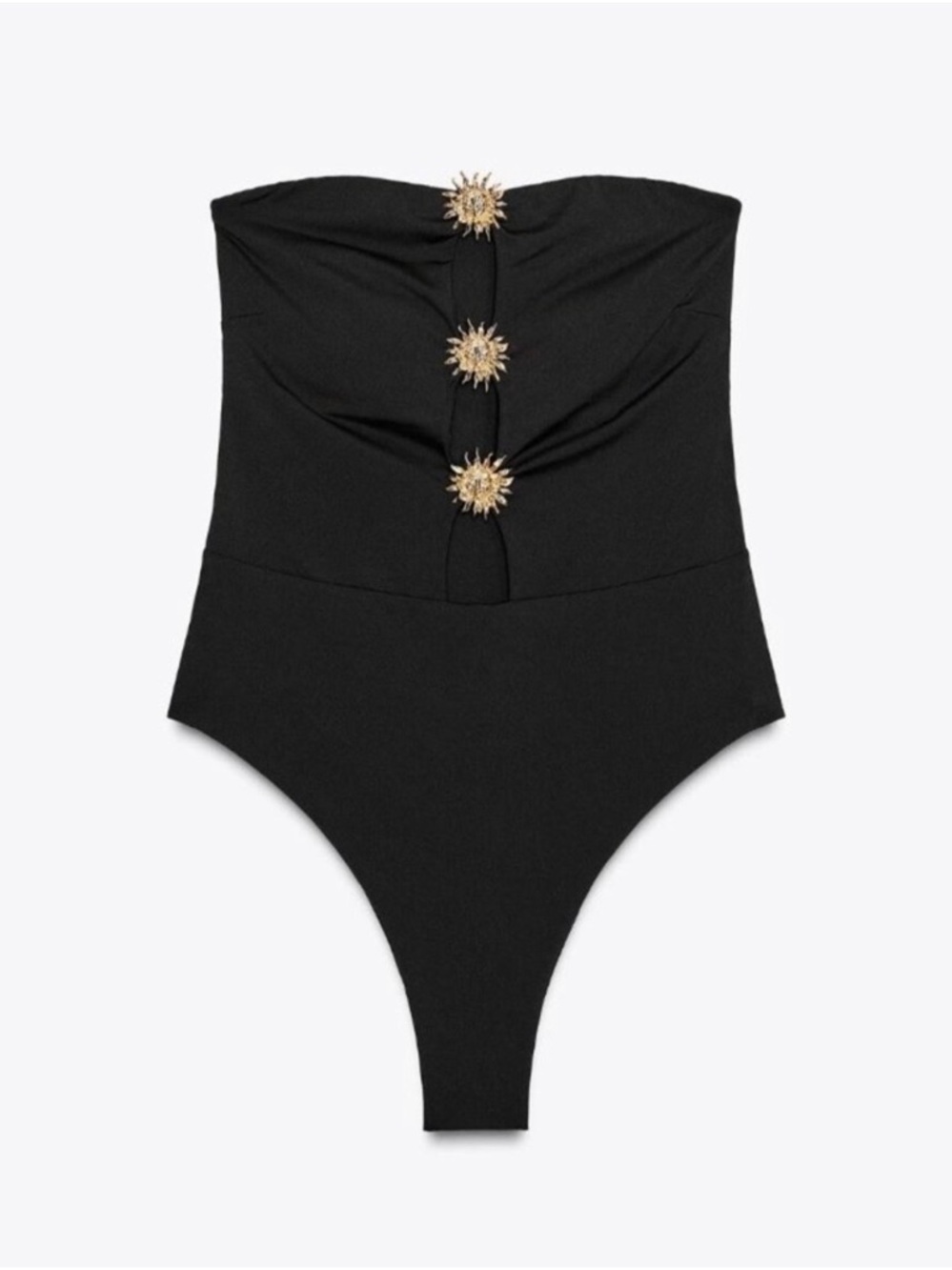 Zara Black Strapless One-Piece with Gold Sunburst Accents🌞🌞🌞